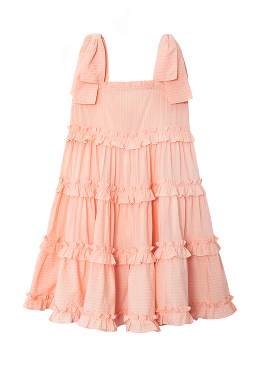Coral Pink Tiered Dress with Ruffle Details.