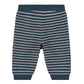 Blue and white striped knit pants with a solid blue waistband and cuffs, shown flat against a black and white checkered transparency background.