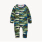 A long-sleeve baby footless one-piece jumpsuit featuring a green, blue, and beige mountain camouflage pattern, displayed flat against a light gray background.