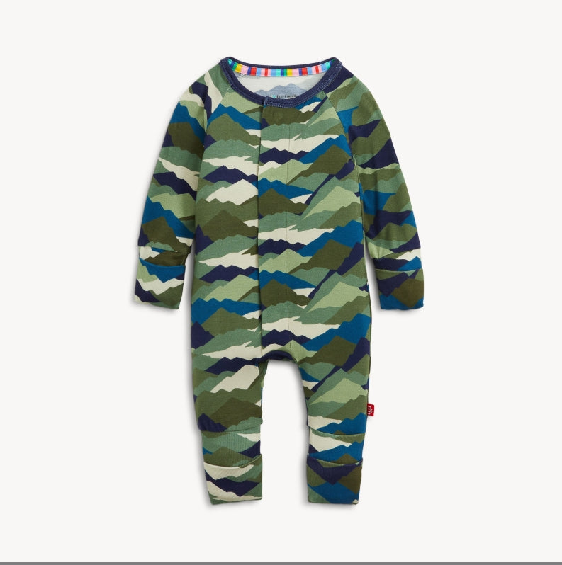 A long-sleeve baby footless one-piece jumpsuit featuring a green, blue, and beige mountain camouflage pattern, displayed flat against a light gray background.