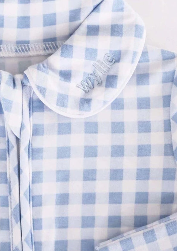 Peter Pan Collar Zipper Footie | Dusty Blue Gingham