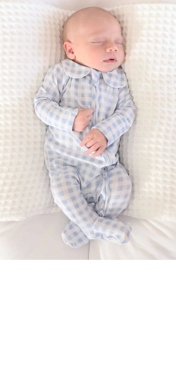 Peter Pan Collar Zipper Footie | Dusty Blue Gingham