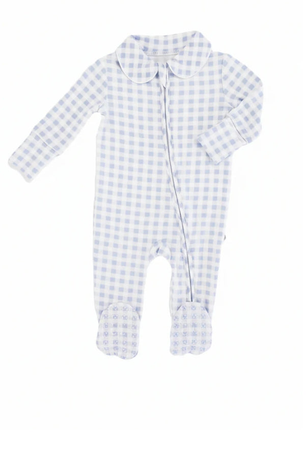 Peter Pan Collar Zipper Footie | Dusty Blue Gingham