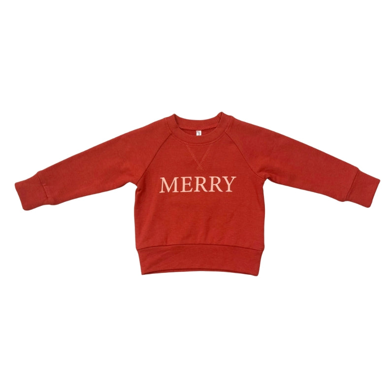 A red long-sleeve sweatshirt with 'MERRY' printed in white capital letters across the chest, laid flat against a white background.