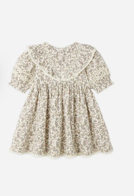 A short-sleeve baby dress with a delicate beige and white floral print, featuring a ruffled collar and gathered waist, shown against a plain light gray background.
