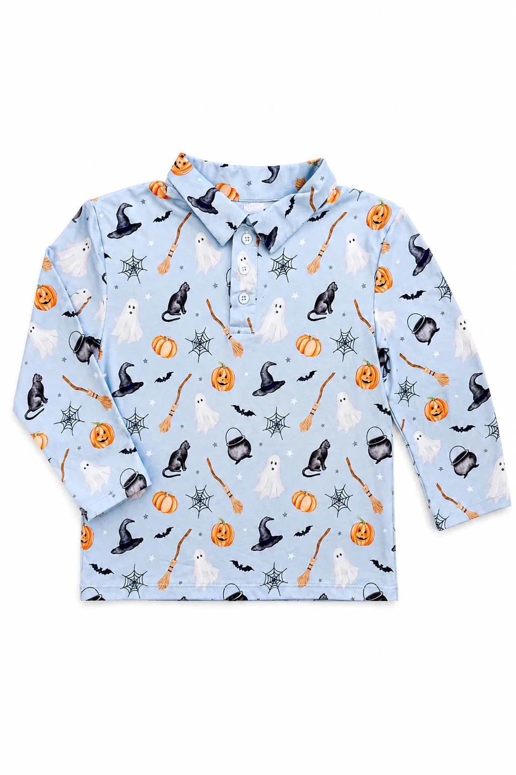 A light blue long-sleeve collared shirt with an all-over Halloween print featuring ghosts, pumpkins, witches' hats, brooms, bats, and stars.
