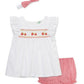 Baby girl's outfit set with white top, red checkered bloomers, and headband 
