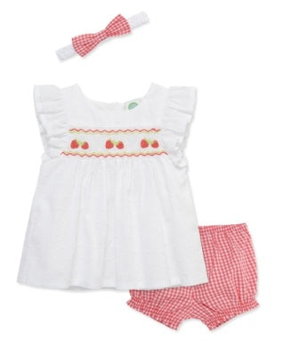 Baby girl's outfit set with white top, red checkered bloomers, and headband 