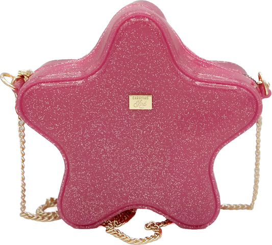 Pink glittery star-shaped handbag with a gold chain 