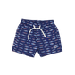 Navy swim trunks with fish pattern on a white background