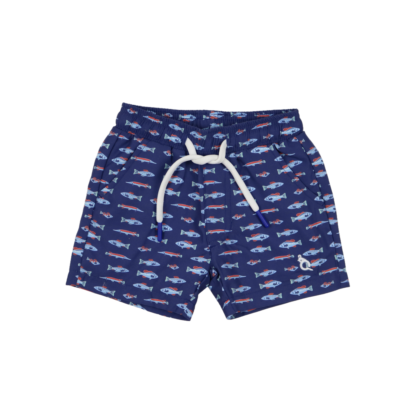 Navy swim trunks with fish pattern on a white background
