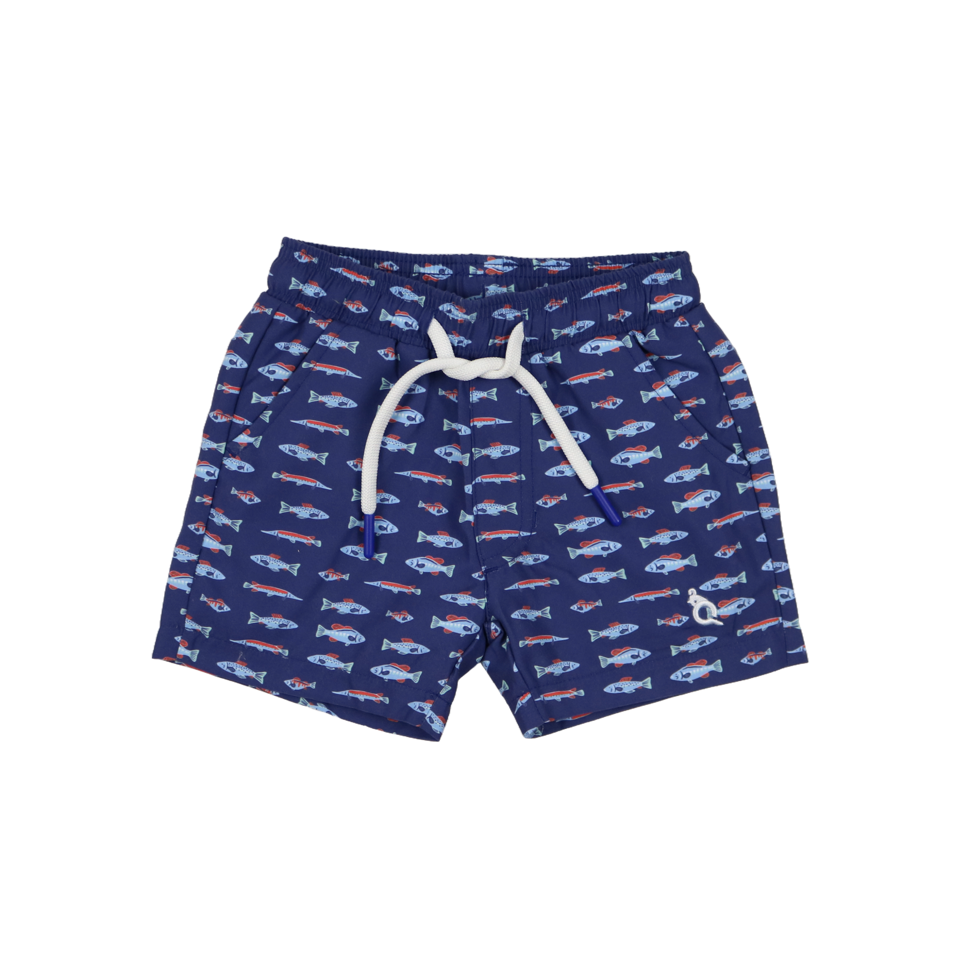 Navy swim trunks with fish pattern on a white background