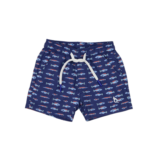 Navy swim trunks with fish pattern on a white background