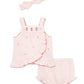 Pink baby romper set with ruffles, bow, and bloomers 