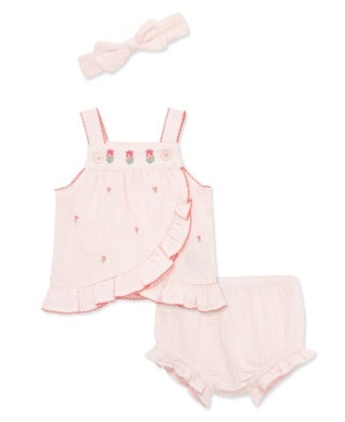 Pink baby romper set with ruffles, bow, and bloomers 