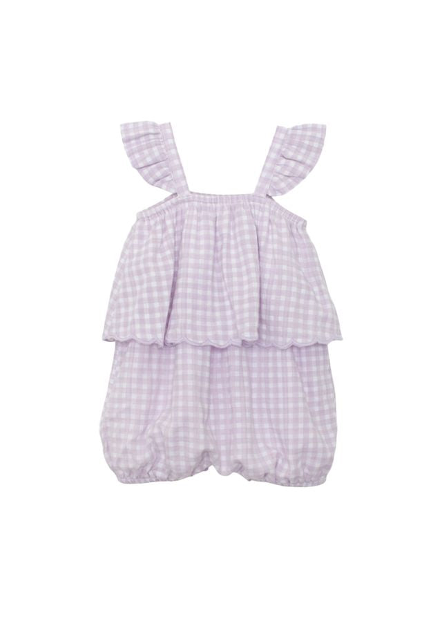 Purple checkered baby romper with ruffle sleeves