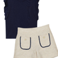 Navy sleeveless top and beige shorts with decorative pockets 