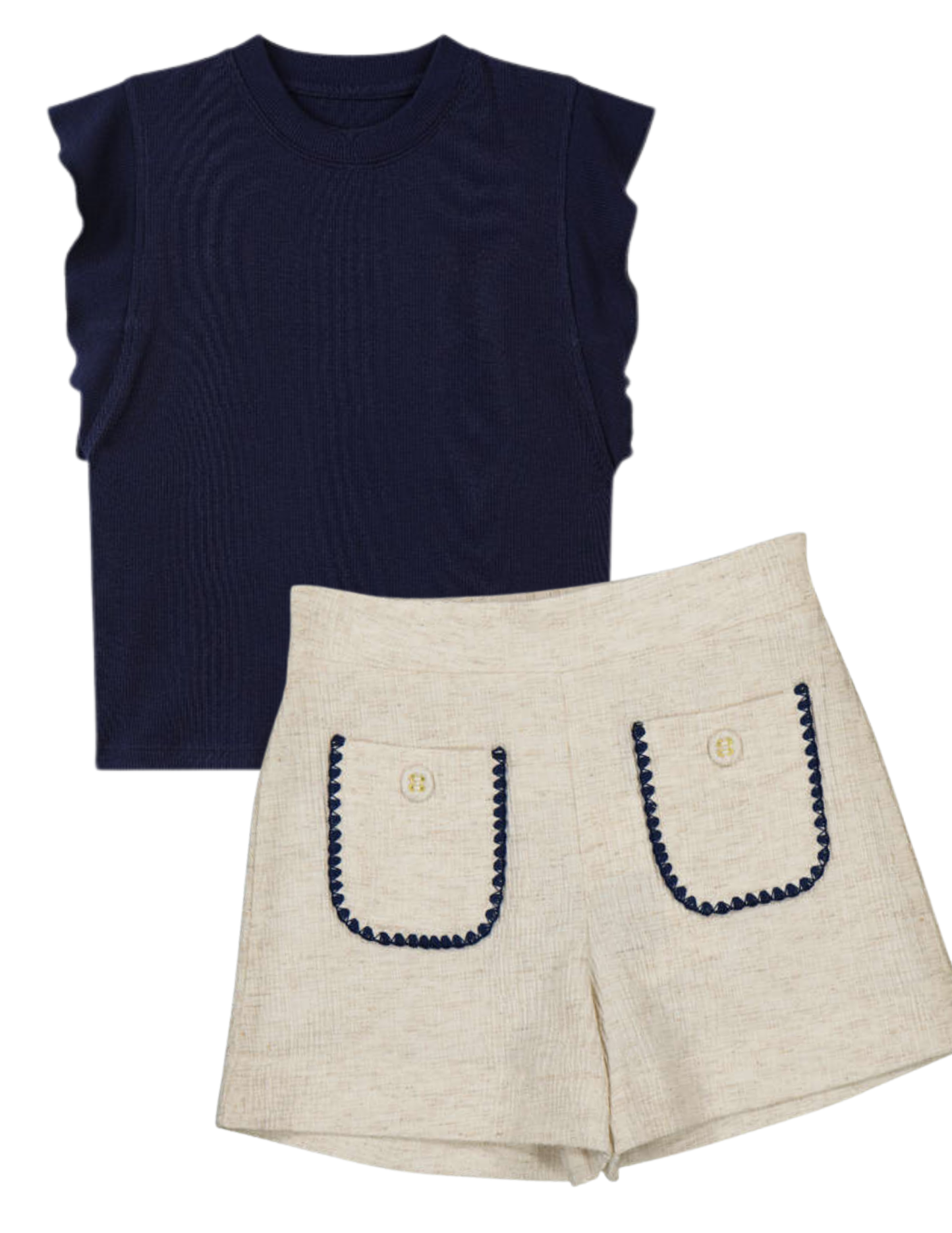 Navy sleeveless top and beige shorts with decorative pockets 