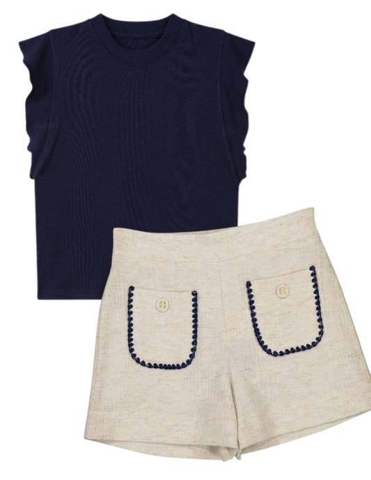 Navy sleeveless top and beige shorts with decorative pockets 