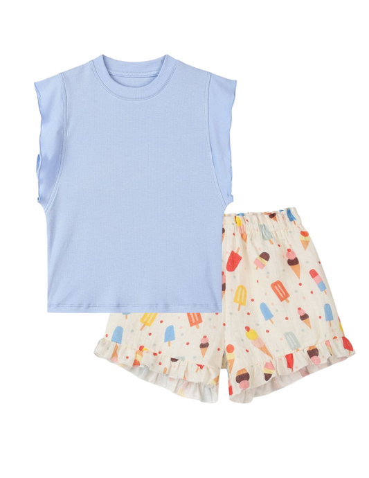 Light blue sleeveless top and ice cream patterned shorts