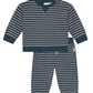 long-sleeve henley shirt and matching pants, both with navy blue and beige horizontal stripes.