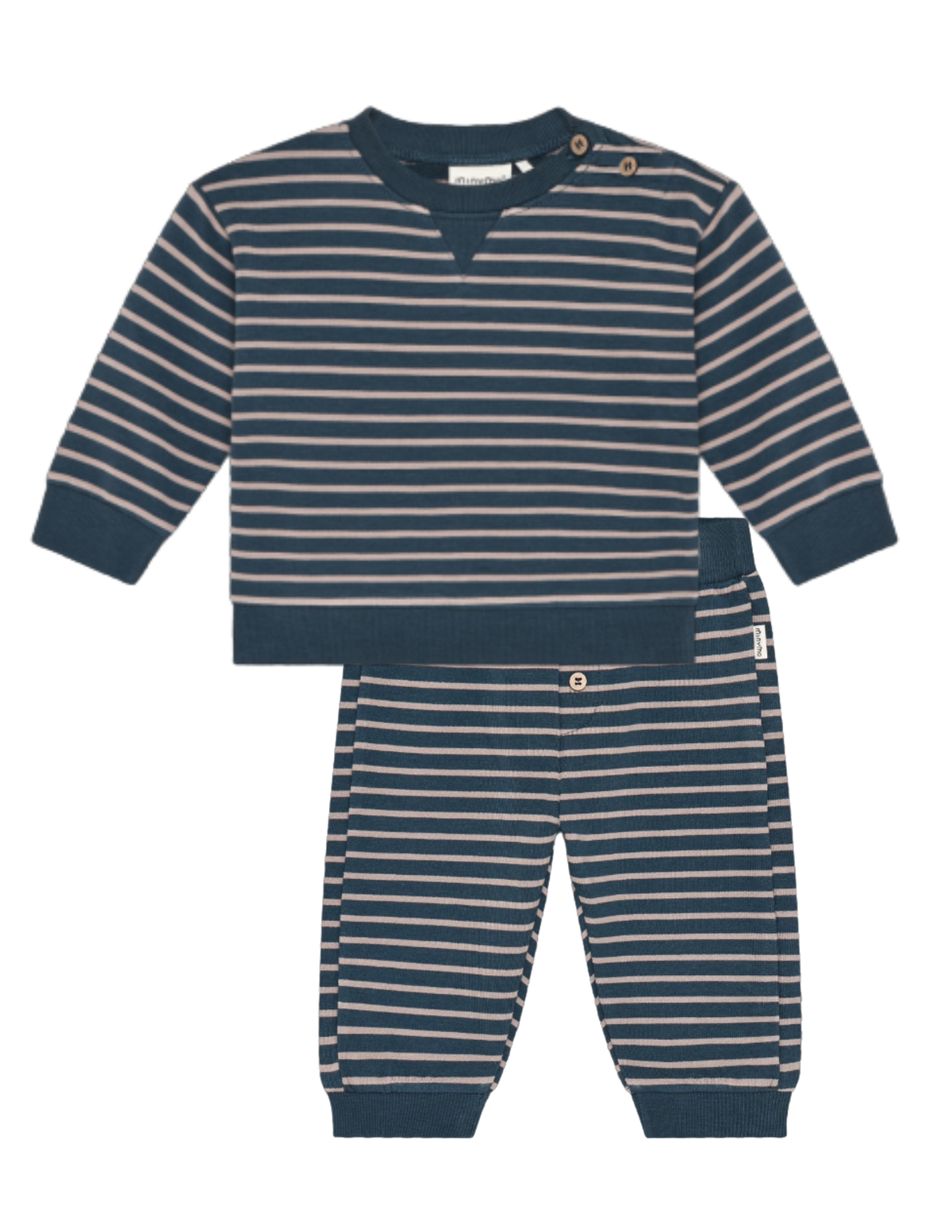 long-sleeve henley shirt and matching pants, both with navy blue and beige horizontal stripes.