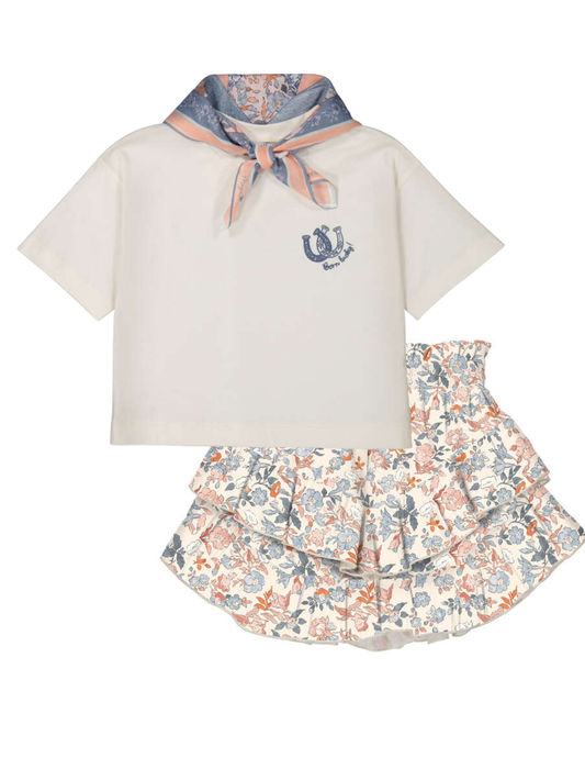 Ivory Graphic Tee with Floral Bandana & Skirt
