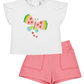 White t-shirt with butterfly design and pink shorts