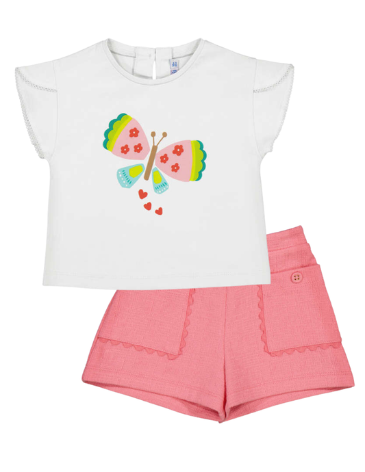White t-shirt with butterfly design and pink shorts