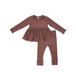 A toddler girl's two-piece clothing set in a dusty rose-brown color, featuring a long-sleeve peplum-style top with a chest pocket and matching ribbed leggings, laid flat on a white background.