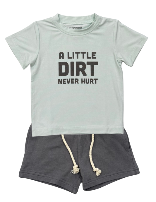 Children's t-shirt and shorts set with 'A Little Dirt Never Hurt' text 