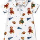 Baby romper with teddy bear and football pattern.