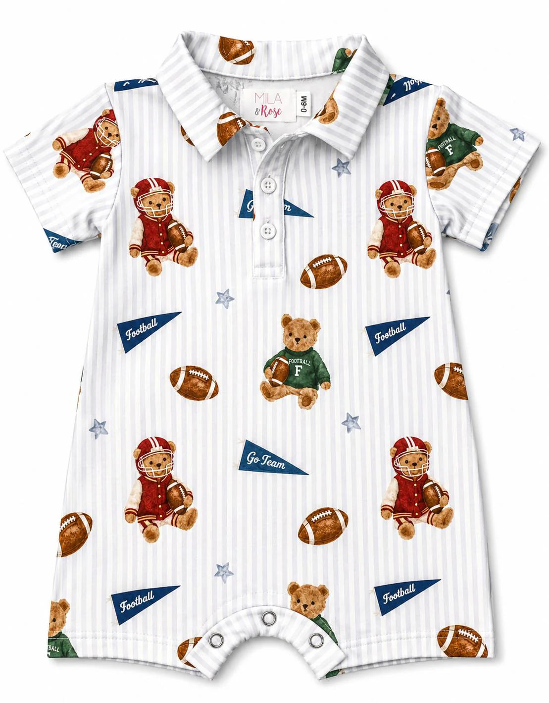 Baby romper with teddy bear and football pattern.