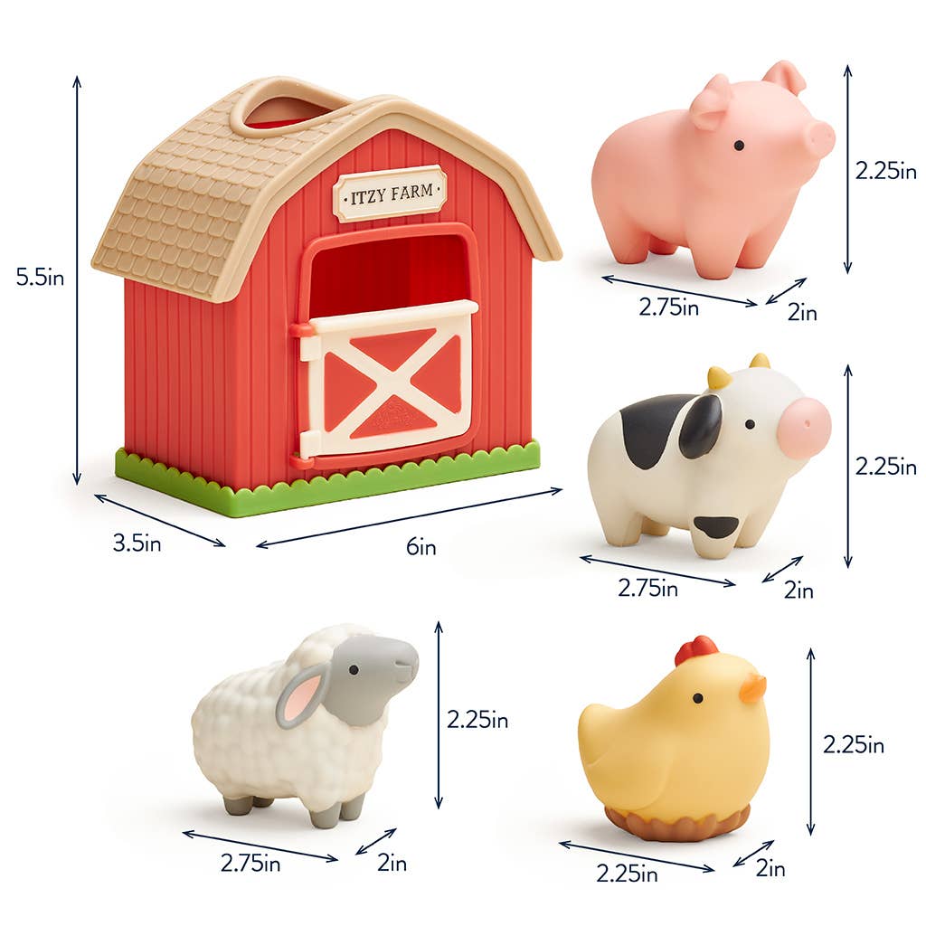 Set of farm animal toys with a red barn, including dimensions for each item.