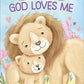 Children's book cover with two lions and the title 'ABC God Loves Me' on a colorful background.