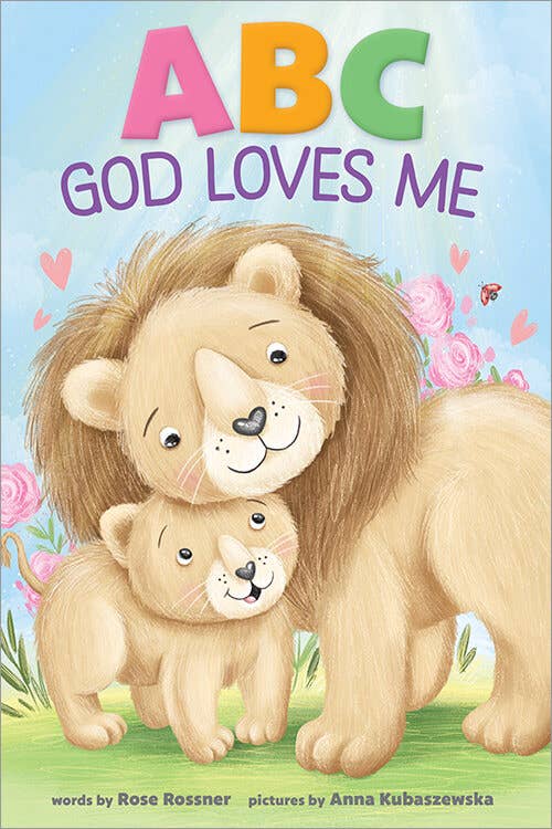 Children's book cover with two lions and the title 'ABC God Loves Me' on a colorful background.