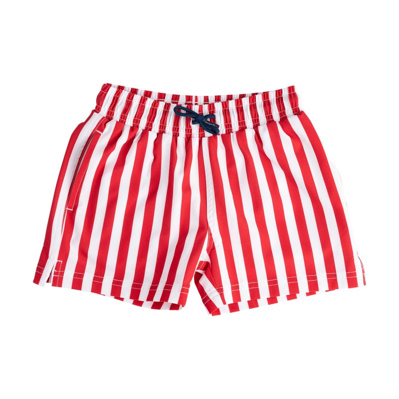 Red and white striped swim shorts 