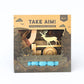 Wooden slingshot and spinning target game packaging with deer illustration on a white background