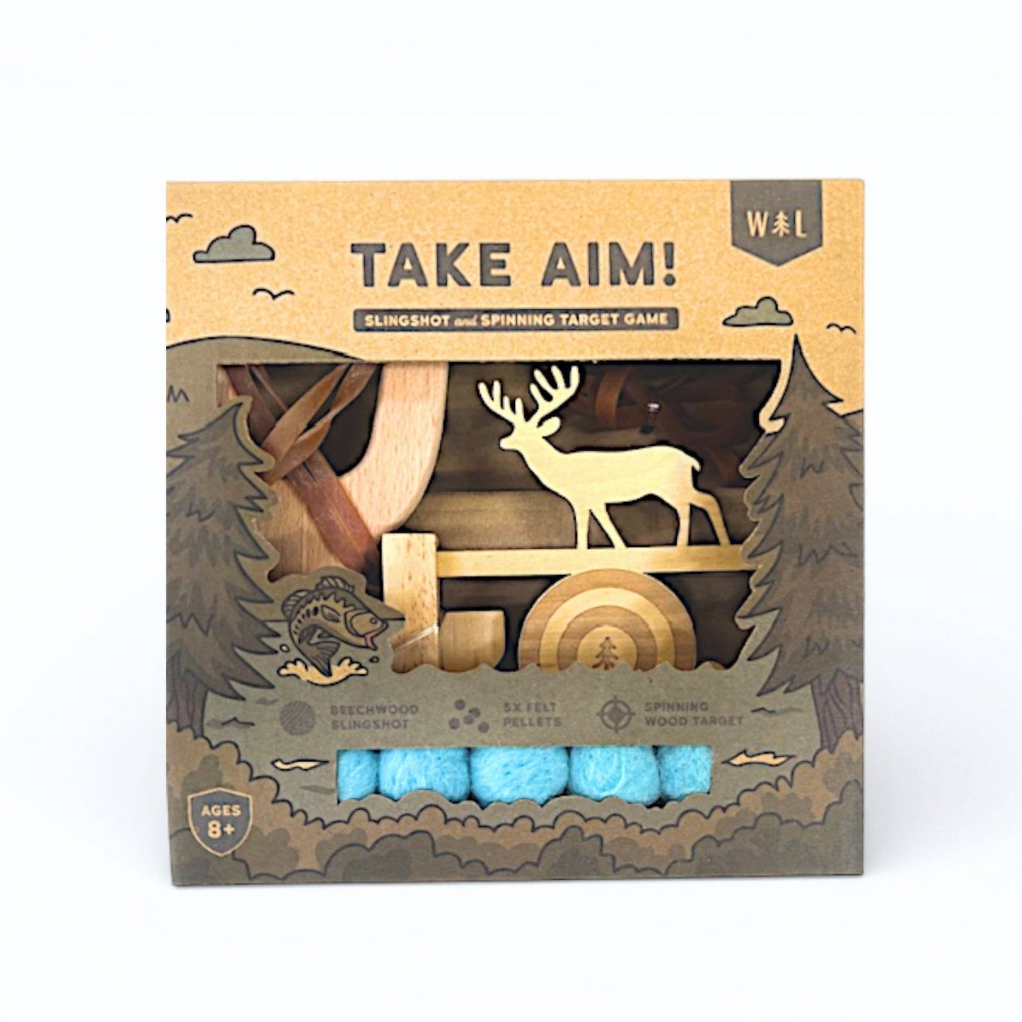Wooden slingshot and spinning target game packaging with deer illustration on a white background