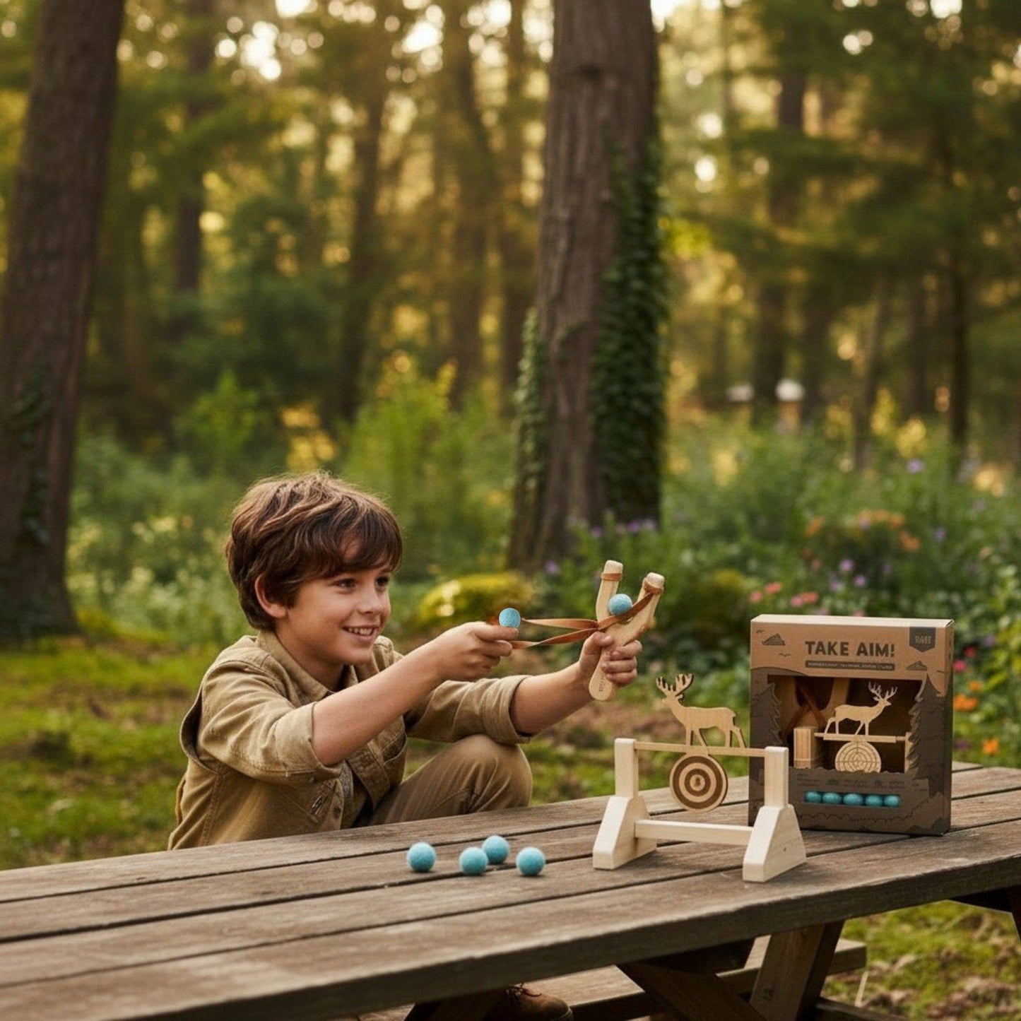 Child playing with a wooden archery set outdoors in a forest