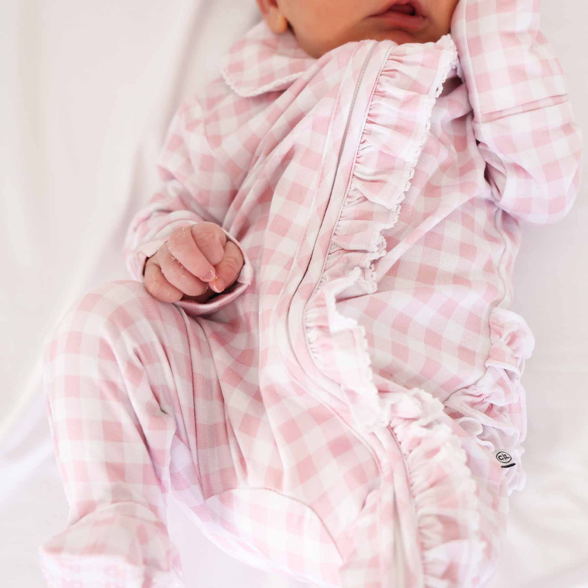 Peter Pan Collar Ruffle Zipper Footie // Rosy Gingham