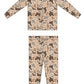 A two-piece children's pajama set featuring a long-sleeve top and matching pants in a multi-tonal camouflage pattern of beige, brown, tan, and gray, shown on a plain white background.
