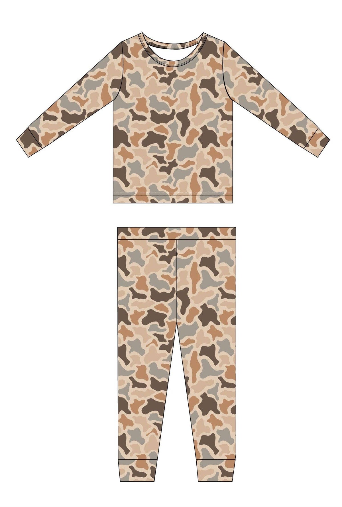 A two-piece children's pajama set featuring a long-sleeve top and matching pants in a multi-tonal camouflage pattern of beige, brown, tan, and gray, shown on a plain white background.