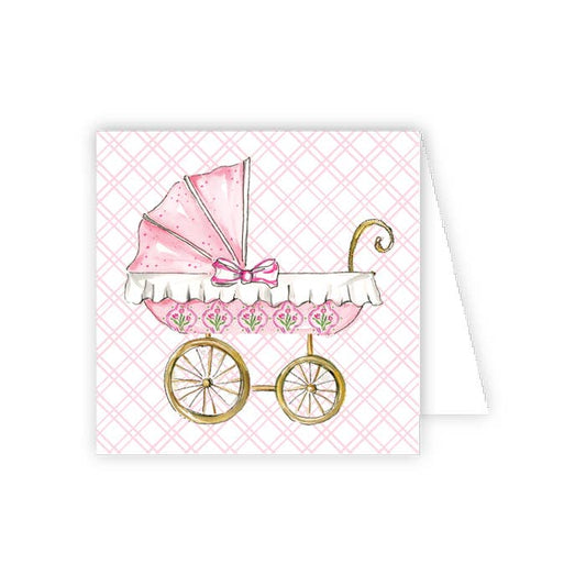 Greeting card with a pink baby carriage on a checkered background