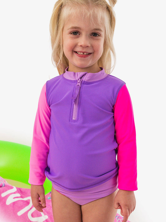 Girls Neon Purple Color Block Long Sleeve Zipper Rash Guard 2-Piece Swimsuit with Signature Rear Ruffles