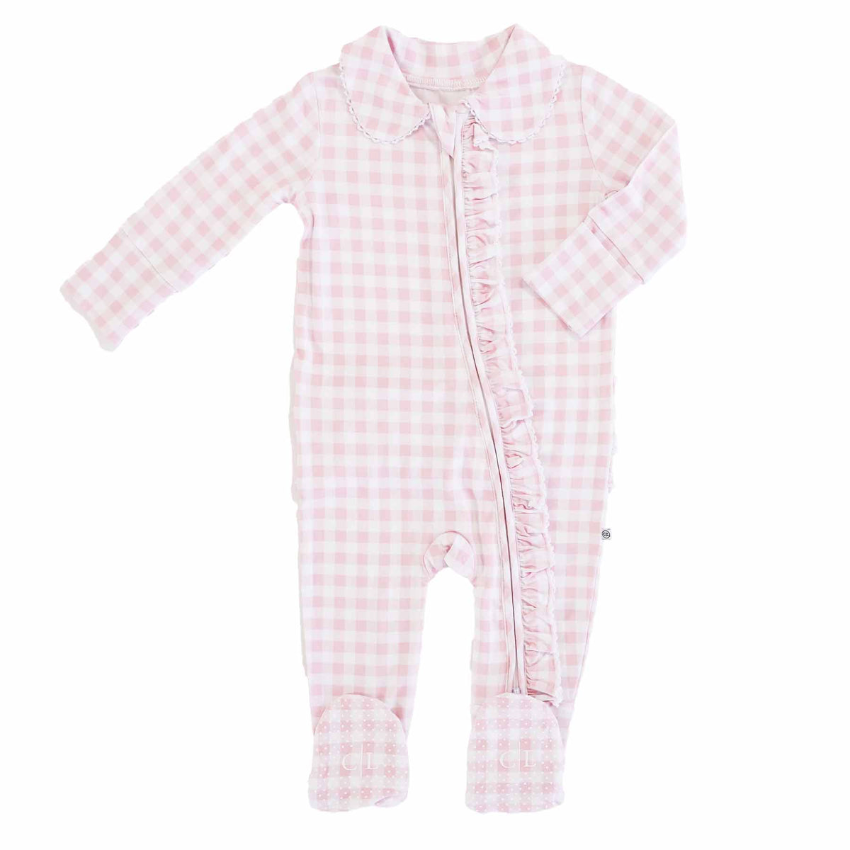 Peter Pan Collar Ruffle Zipper Footie // Rosy Gingham