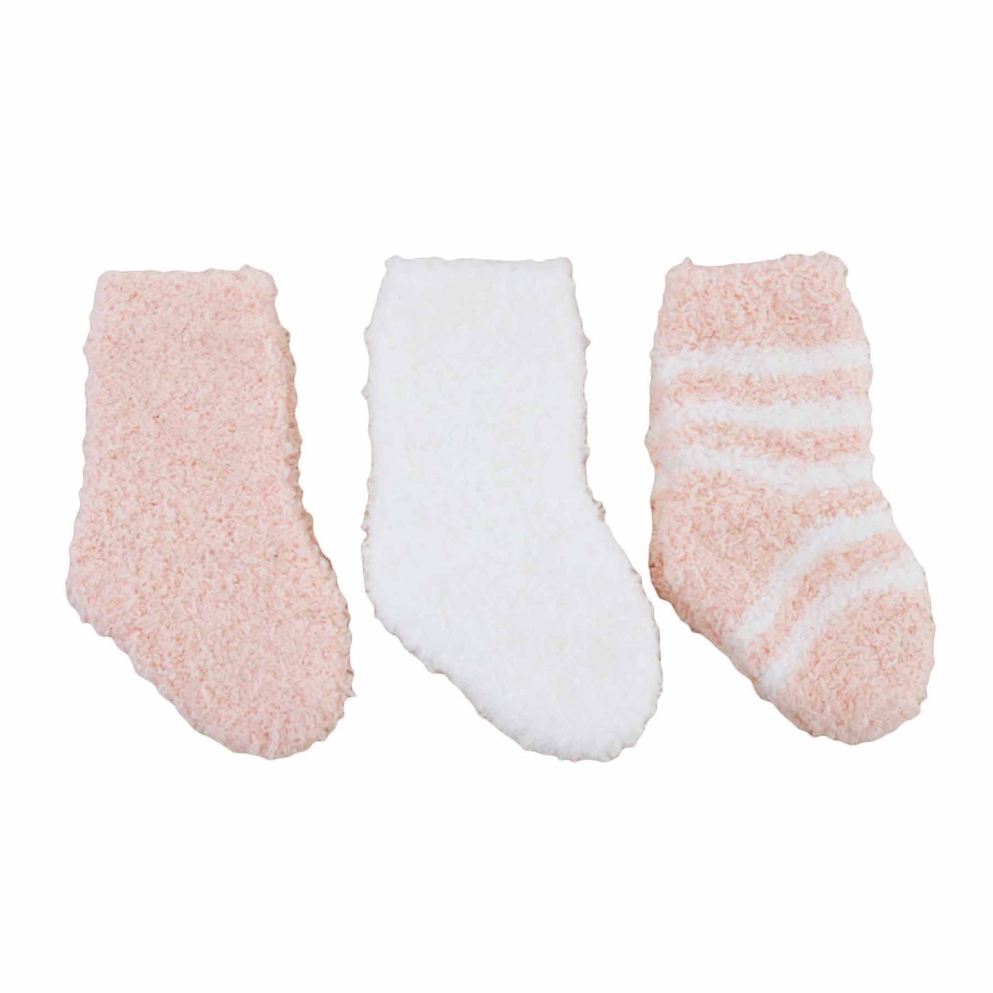 Three pairs of soft baby socks in pink, white, and pink 