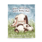 Book cover with illustration of a rabbit and baby in a field, titled 'Who Will Our New Baby Be?'.