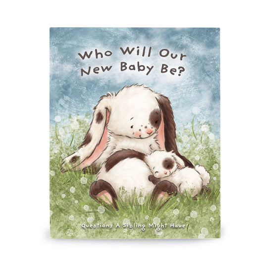 Book cover with illustration of a rabbit and baby in a field, titled 'Who Will Our New Baby Be?'.