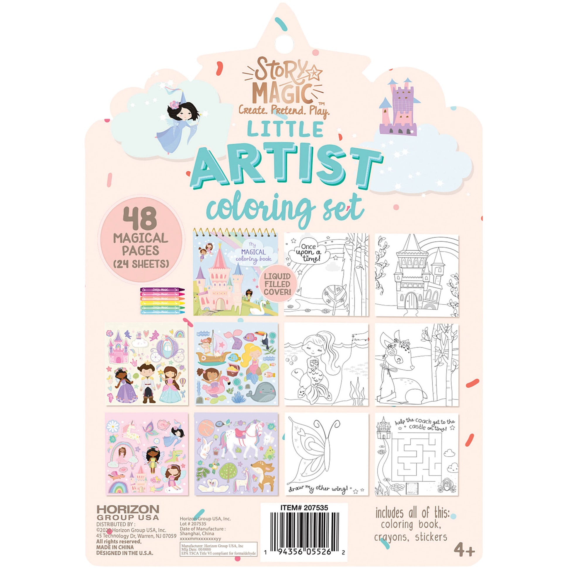 Story Magic Little Artist coloring set packaging with illustrations and text on a white background